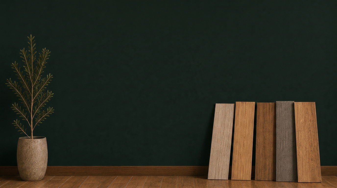 Flooring samples and a potted plant against a dark green wall